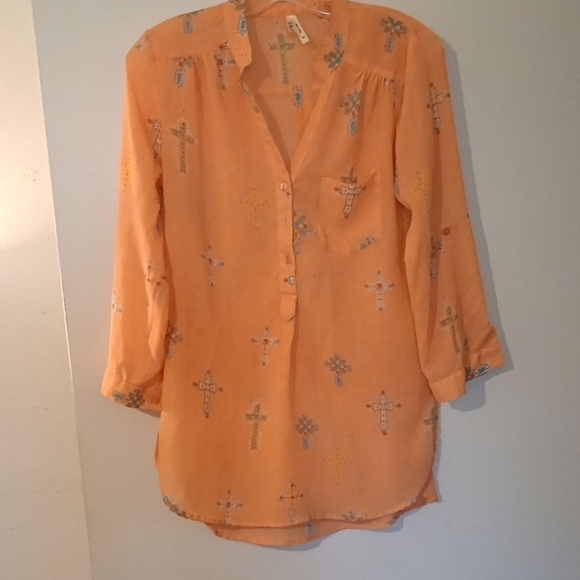 Womens Orange Button-Up Silky Blouse with Cross Pattern Size Medium - Picture 3 of 7